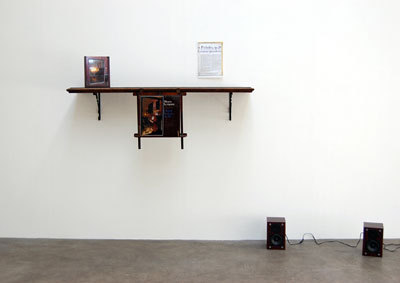  Locky Morris: This building, 2010, upright piano elements, LP, framed photograph, powered speakers, CDR (looped audio), dimensions variable (approx. 50 x 150 x 145 cm); courtesy mother’s tankstation